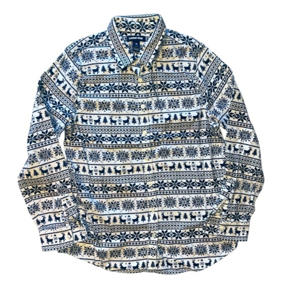 Lands End Winter Holiday Button Down Flannel White Navy Reindeer Snowflakes 10